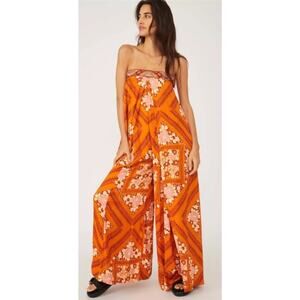 Free People Serendipity Strapless Embroidered Wide Leg Printed Jumpsuit Small